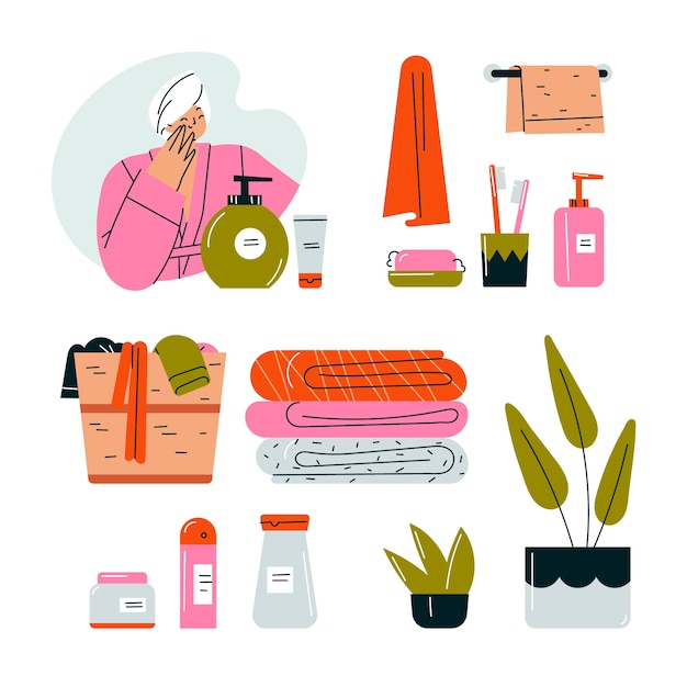 洗衣篮被子盆栽洗漱用品插画