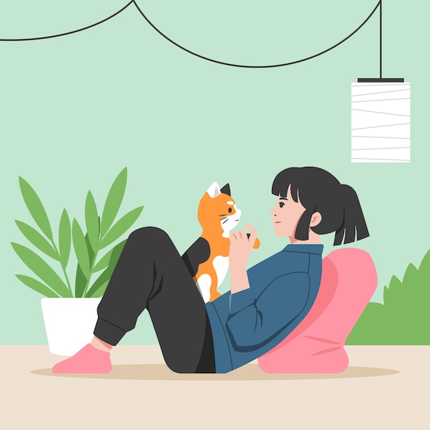 和小猫玩耍的人插画