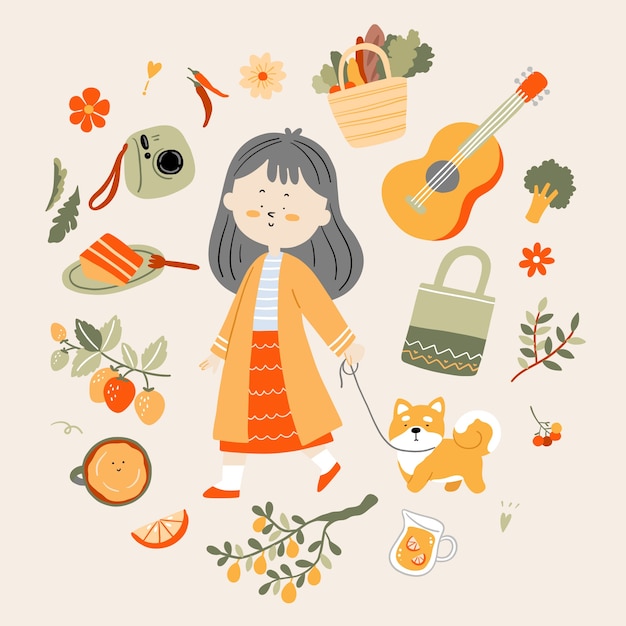 遛狗的小女孩插画