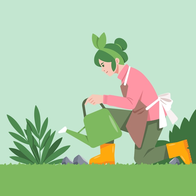 为植物浇水的人插画