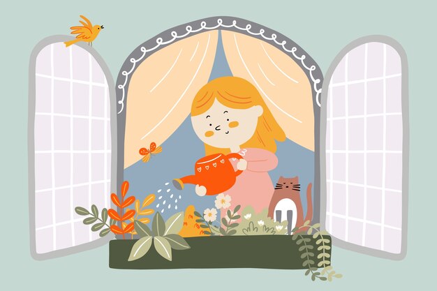 窗台植物浇水人物插画