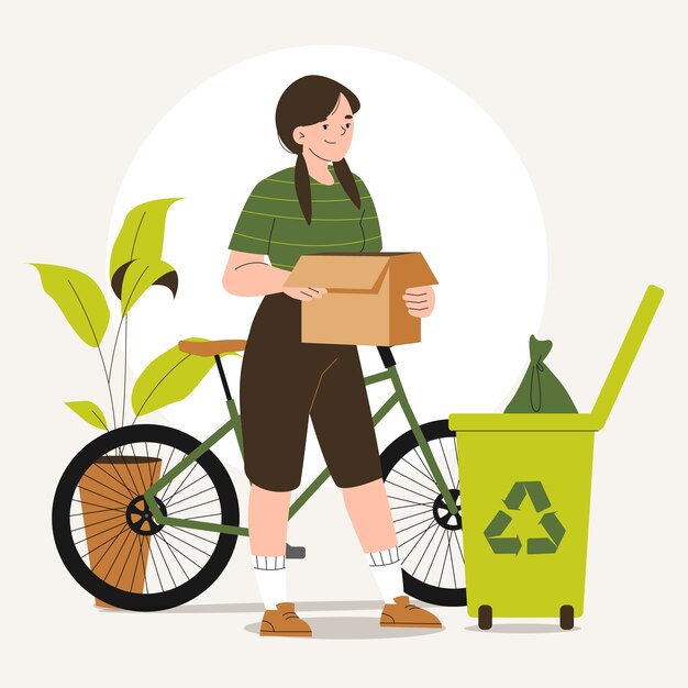 骑自行车垃圾回收人物插画