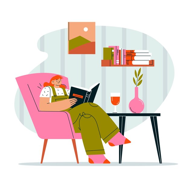 坐在沙发上看书的人插画