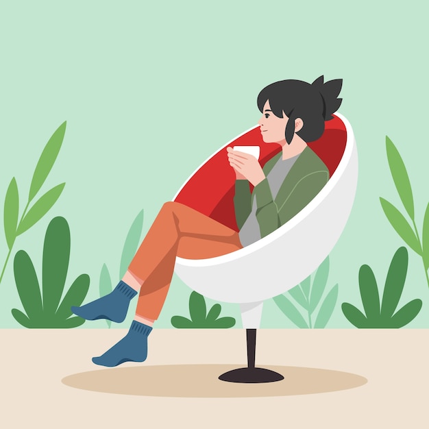 坐在沙发上喝茶的人插画