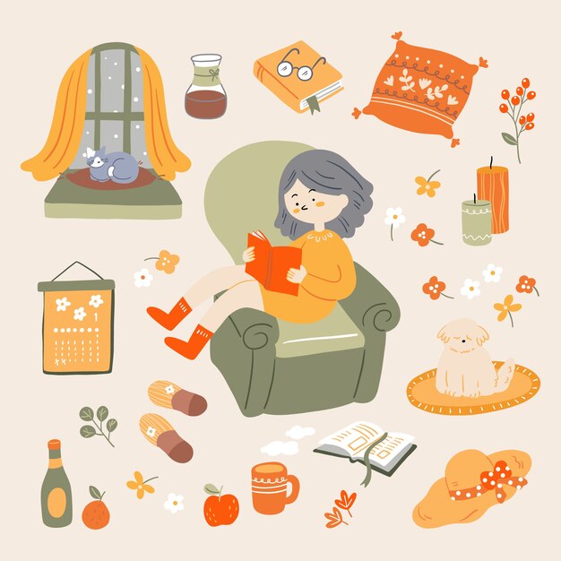 坐在沙发上看书的人插画