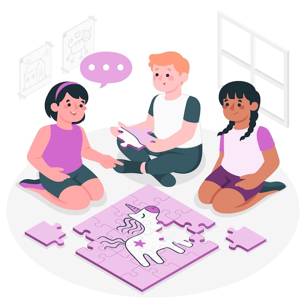 孩子们玩拼图插画