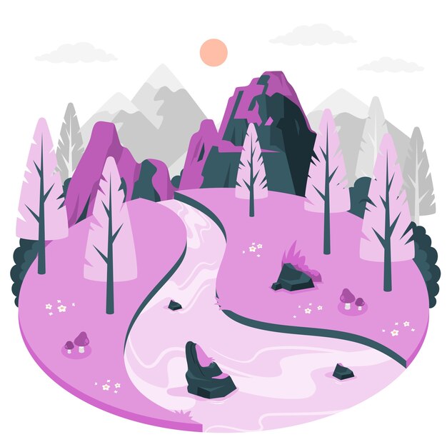 山间的河流树木插画