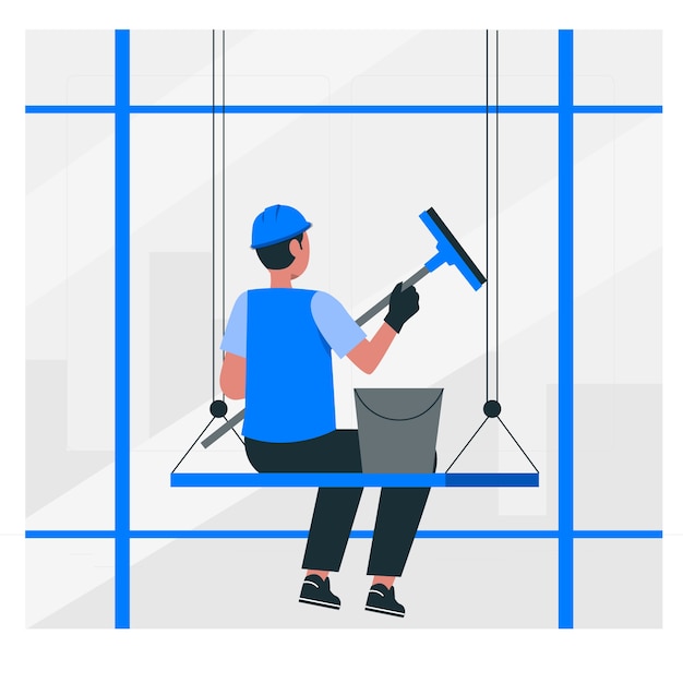 楼宇外墙玻璃清洁工人插画