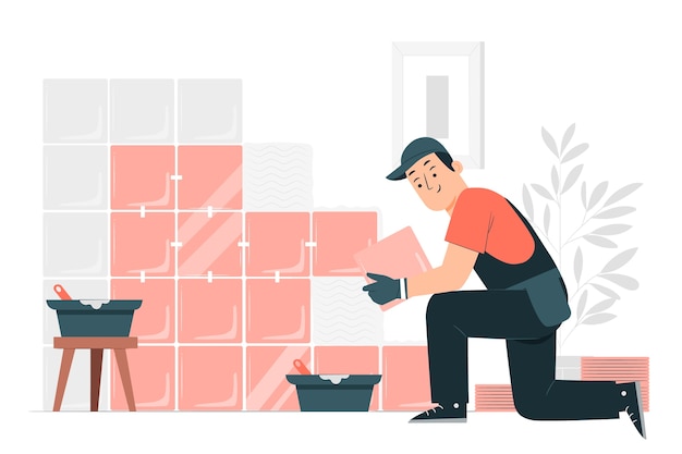 贴瓷砖的工人扁平插画
