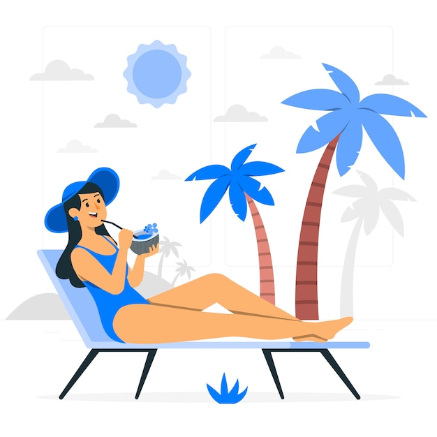 躺在沙滩椅休息喝椰子扁平插画