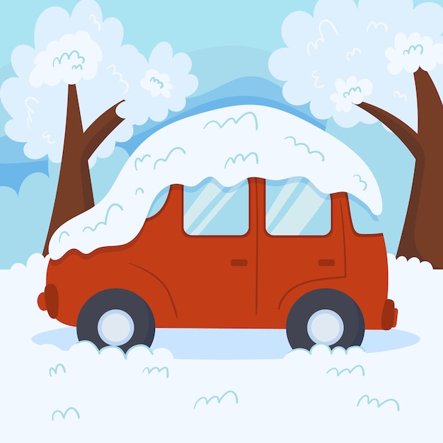 冬季下雪积雪的汽车插画