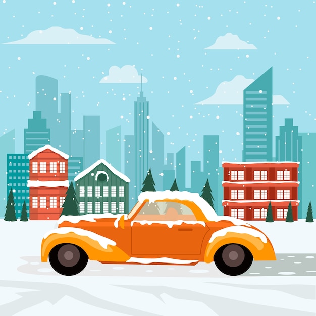 冬季下雪积雪的汽车插画