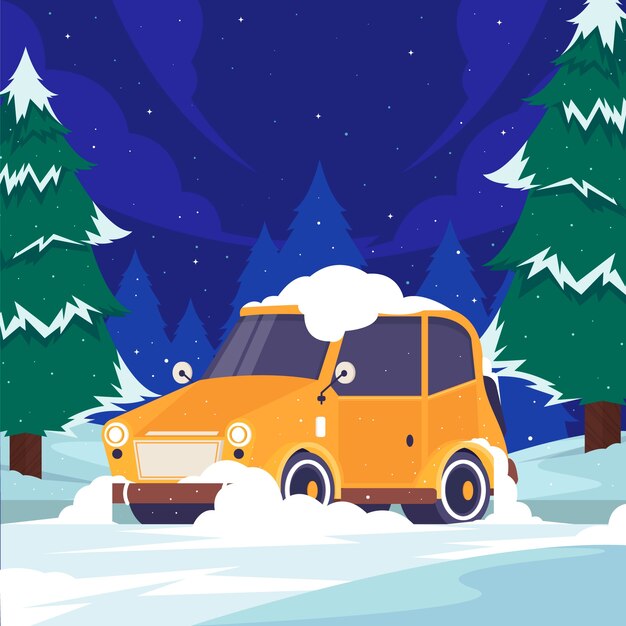 冬季下雪积雪的汽车插画