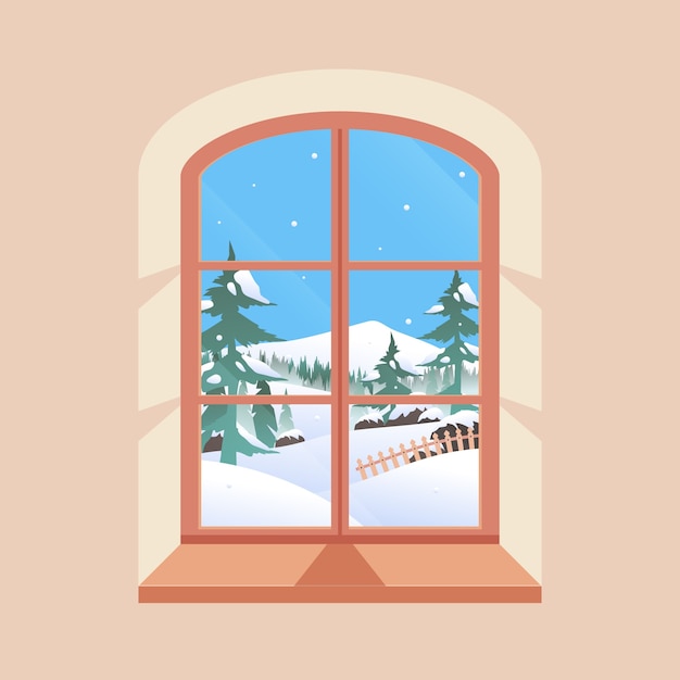 冬季下雪的窗外风景窗户插画