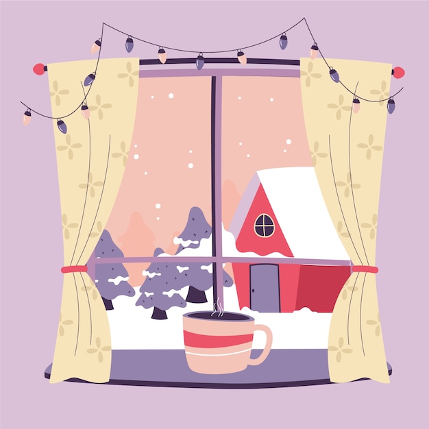 冬季下雪的窗外风景窗户插画