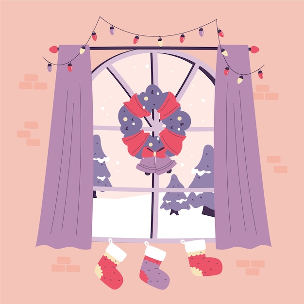 冬季下雪的窗外风景窗户插画