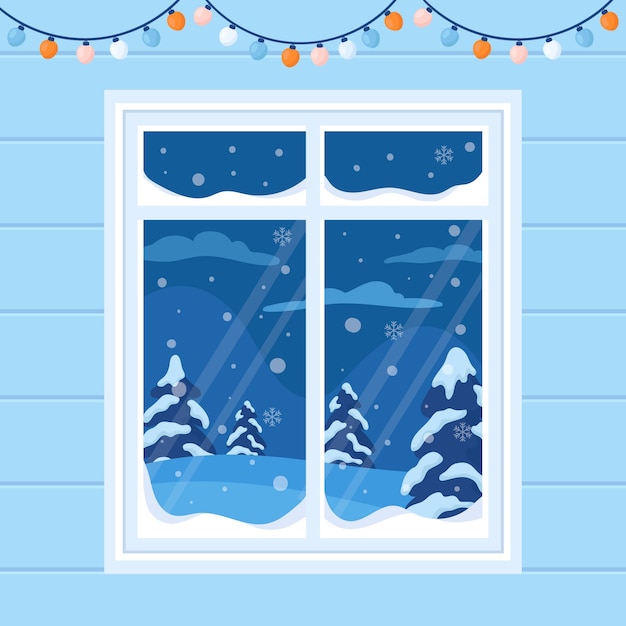 冬季下雪的窗外风景窗户插画