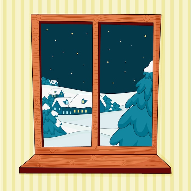 冬季下雪的窗外风景窗户插画