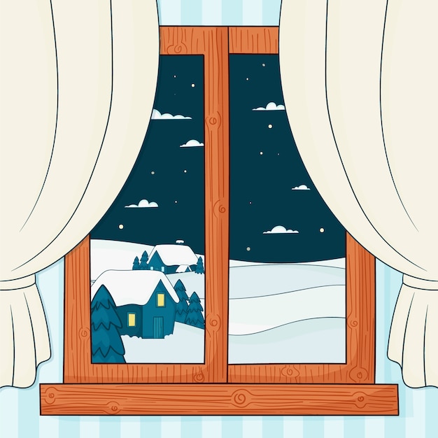 冬季下雪的窗外风景窗户插画