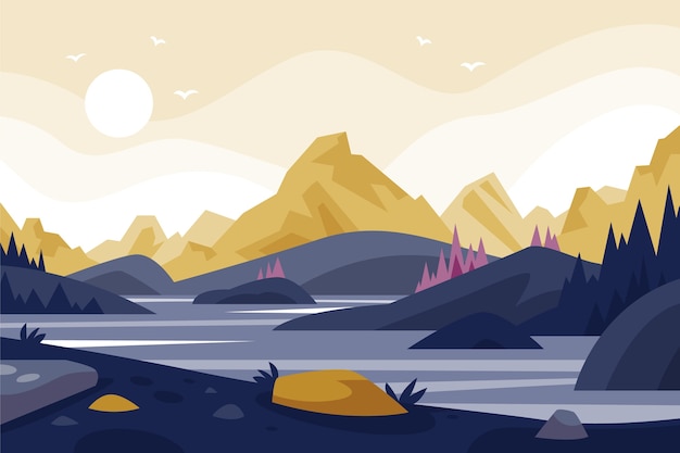 河流山太阳插画