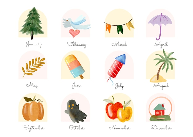 一年四季十二个月主题插画图形