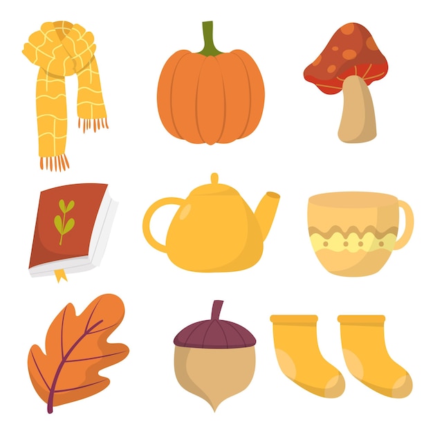 秋天元素围巾南瓜蘑菇茶壶落叶橡果