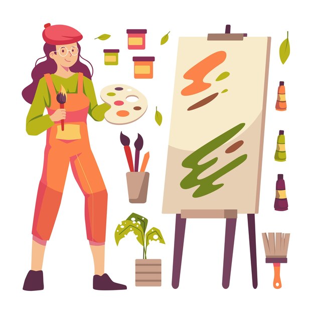 女画家元素画板调色盘笔刷颜料