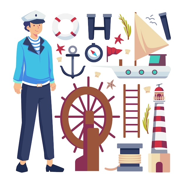 水手形象救生圈船锚望远镜船舵登台