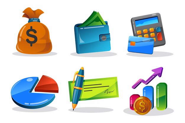 商务元素钱袋钱包计算器饼状图支票升值