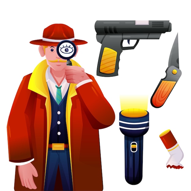 侦探元素手电筒熄灭的烟头小刀手枪