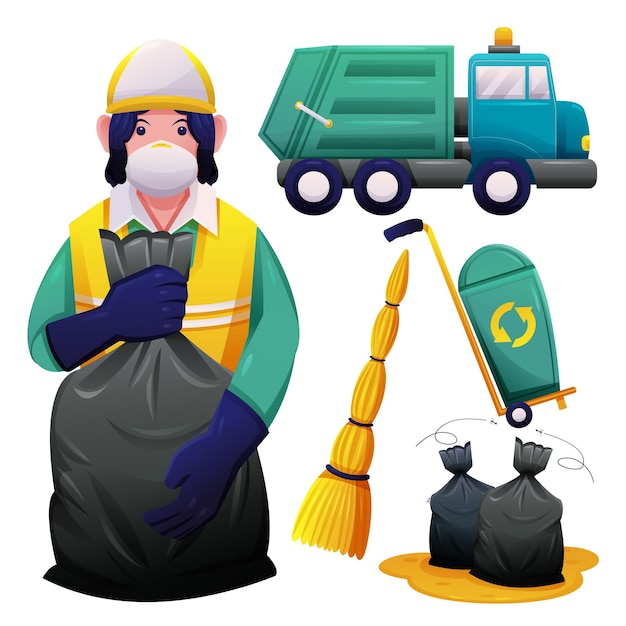 垃圾处理元素环卫工垃圾袋垃圾桶扫帚垃圾车