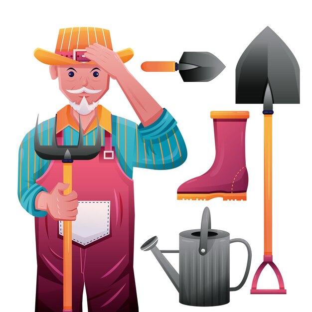 农夫元素背带裤胶鞋水壶铁锹草叉