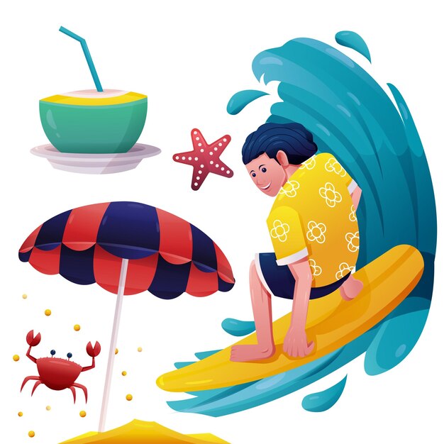 冲浪的人椰子遮阳伞螃蟹