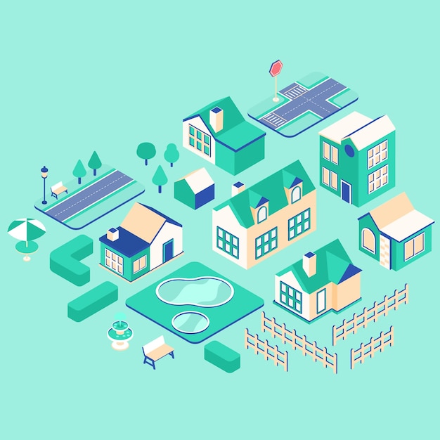 2.5d等距房屋道路栅栏元素