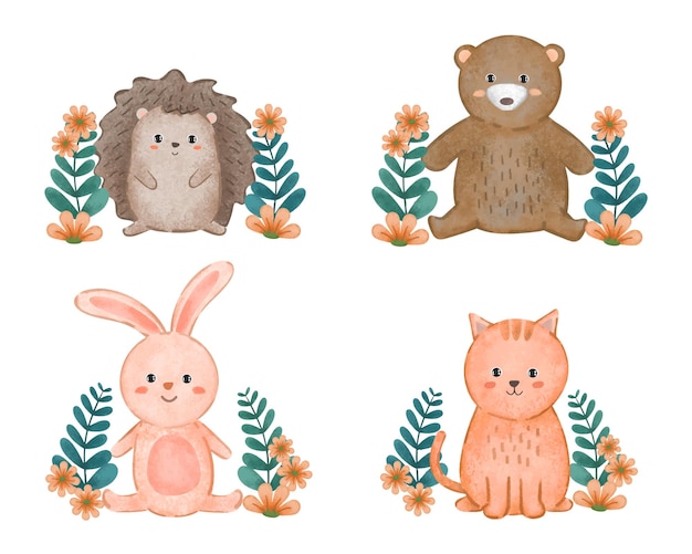 水彩可爱的动物刺猬熊兔子猫