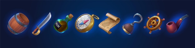 酒桶海盗剑铁钩指南针地图朗姆酒船舵烟斗游戏道具图标