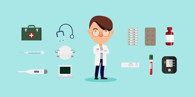 医生元素听诊器温度计药片急救箱