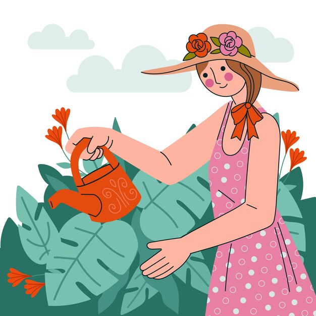 浇花的女孩插画