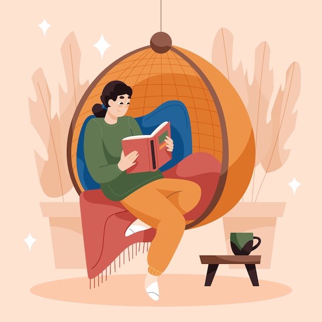 坐在吊椅里看书的女孩