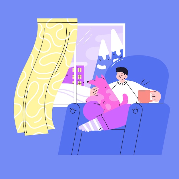 坐在冬季床边沙发上的男人插画