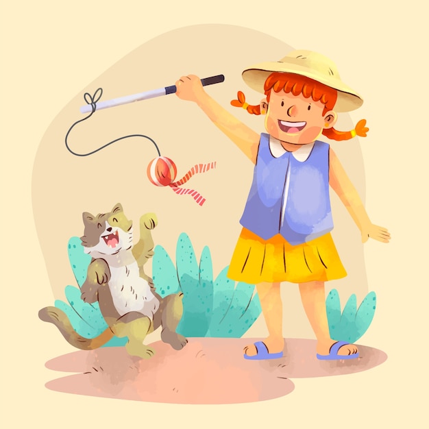 水彩风格逗猫的男孩插画