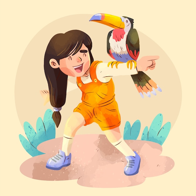 水彩风格女孩巨嘴鸟插画