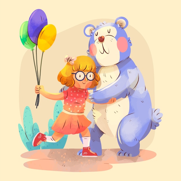 水彩风格女孩熊插画