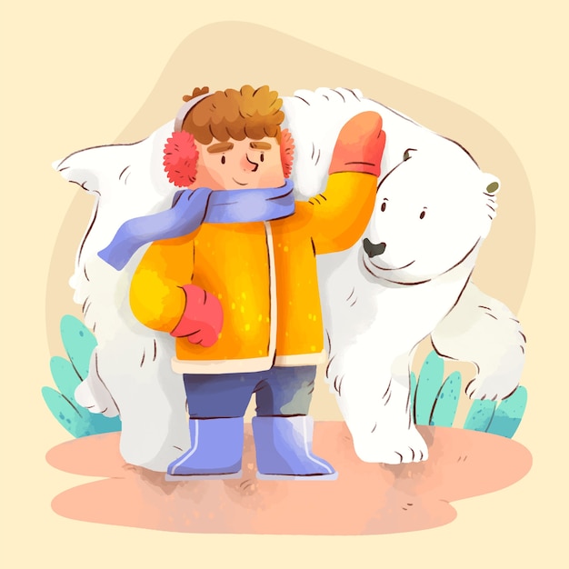 水彩风格男孩北极熊插画