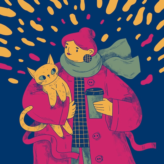 手绘冬装女孩与猫咪插画