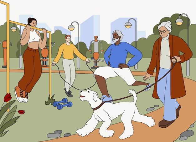 公园里健身遛狗的人插画