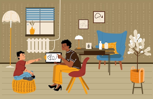 心理学家与男孩心理评估插画