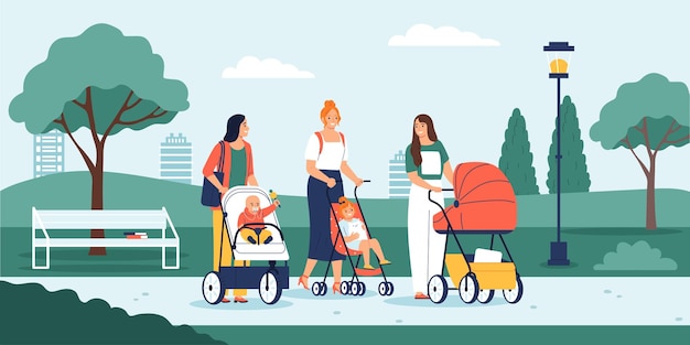 妈妈推着婴儿宝妈插画