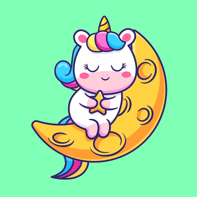 睡在月亮上的彩虹独角兽插画