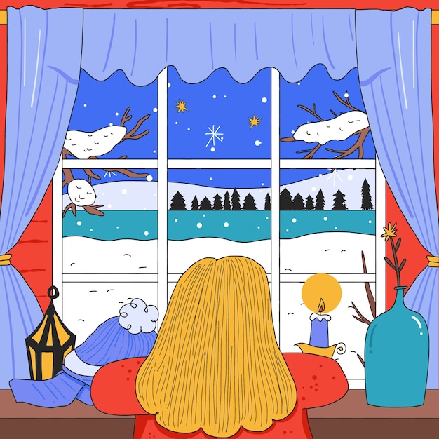 手绘冬季窗外的风景插画